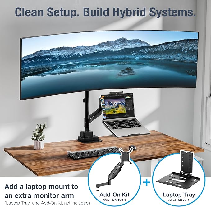 AVLT Single 57 Inch Heavy Duty Monitor Arm Pole Top Mount with USB-C USB-A Ports-Black, Height Adjustable, Easy Install Top C-Clamp/Grommet with Reinforcement Plates, VESA Compatible 200/100/75