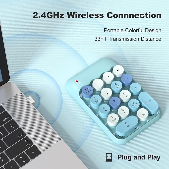 MOFII Wireless Number Pads - Blue Numeric Keypad 18 Keys USB 2.4G Round Keycap Colorful Extensions Keypads, Financial Accounting Portable Numpad 10 Key for Laptop/PC/Notebook/Surface Pro