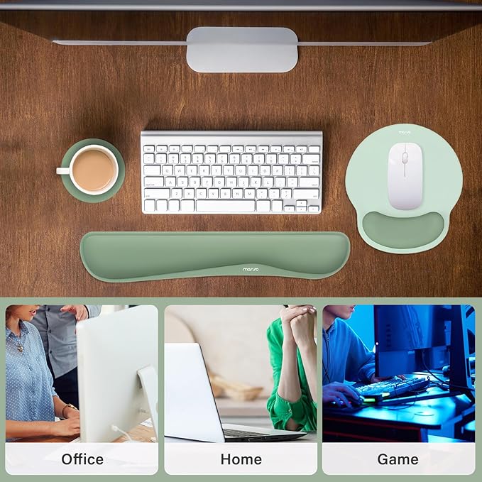MOSISO Wrist Rest Support for Mouse Pad&Keyboard Set, Streamline Ergonomic Mousepad&Coaster Non-Slip Base Home/Office Pain Relief&Easy Typing Pad with Soft Cloth&Silicone Lining, Antique Green