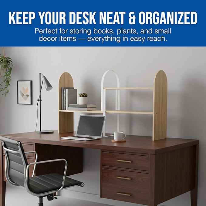 Maplefield Desk Hutch Expandable Shelf Organizer, Natural Finish, Engineered Wood Desktop Storage Rack for Office, Dorm, or Home – Adjustable Over Desk Bookshelf for Supplies, Decor & Accessories