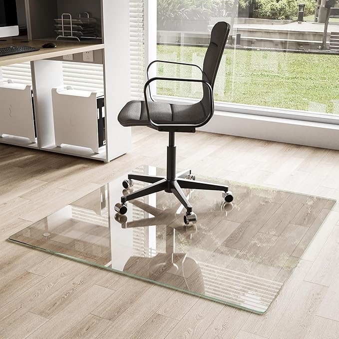 Koonmi Chair Mat for Carpet, Tempered Glass 48"x48" Office Chair Mat, Glass Floor Mat for Office Chair with Rounded and Polished Edges, Ideal for Hardwood Floor, Carpet, Office, Desk, Rolling Chair