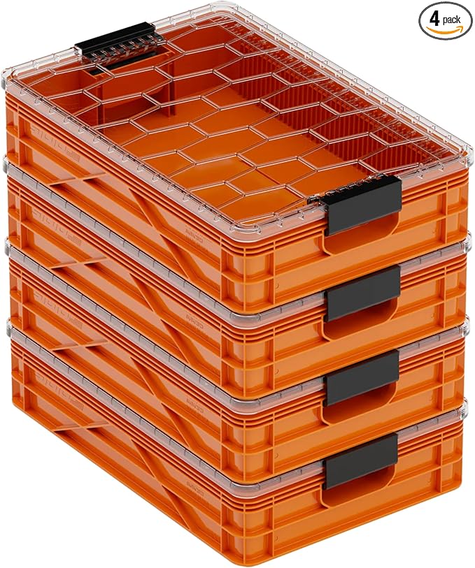 SIDIO Quarter Crate 4 Pack of Stackable Storage Bins - Organizer Bins with Dividers for Garage Organization, Home Storage - Heavy Duty Plastic Containers - 19.16” x 12.75”x 4.57” (Orange)