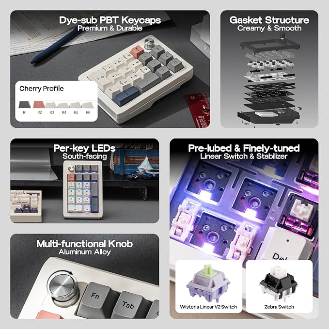 EPOMAKER EK21 VIA Gasket Number Pad with 1000mAh Battery, BT 5.0/2.4GHz/Wired Hot-Swap Numpad with Aluminum Alloy knob, Programmable for Win/Mac/Gaming (Retro White, Zebra Switch)