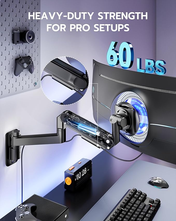 ARES WING Monitor Wall Mount for 24-57 Inch Ultrawide Gaming Screens, Premium Heavy Duty Monitor Arm Holds 60 lbs, Full Motion Gas Spring, Bearing Head for Easy Adjustment, 75/100 VESA Mount, Black