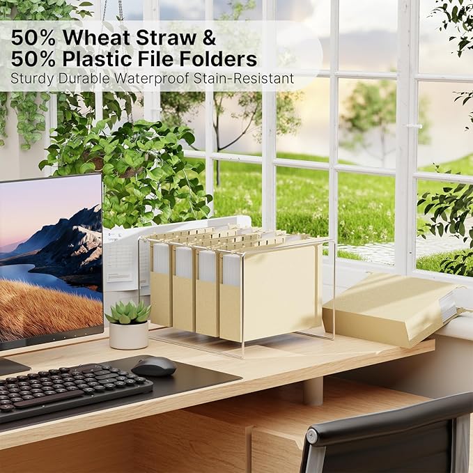 Wheat Straw Extra Capacity Hanging File Folder,Letter Size 2 Inch Expanding Plastic File Cabinet Folders,Heavy Duty Hang Folders with Tabs,Accordian Pocket for File Frame Box(Morandi Yellow)