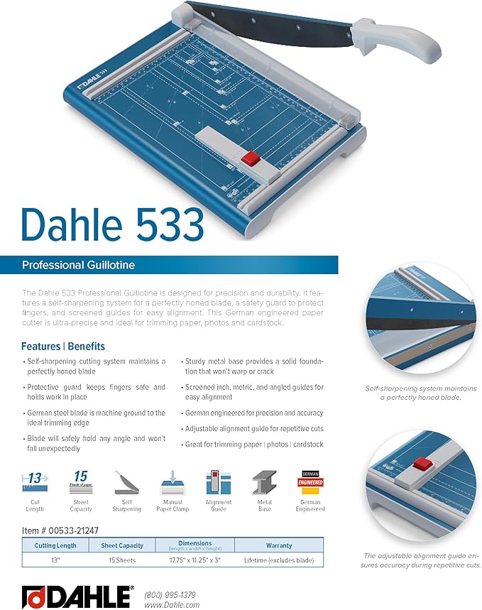 Dahle 533 Professional Guillotine Trimmer, 13" Cut Length, 15 Sheet Capacity, Self-Sharpening, Manual Clamp, German Engineered Paper Cutter