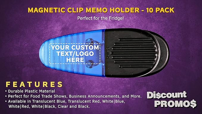 10 Magnetic Memo Holders Set - Customizable Text, Logo - Large Clip, Plastic - TBlue