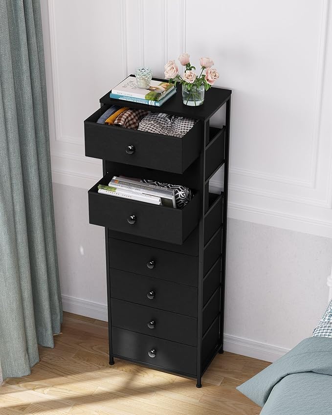Crestlive Products Tall Dresser, 8-Drawer Fabirc Storage Tower, Chests of Drawers - Vertical Organizer Unit for Bedroom, Hallway, Entryway, Nursery, Closets - Steel Frame, Wood Top & Handles (Black)
