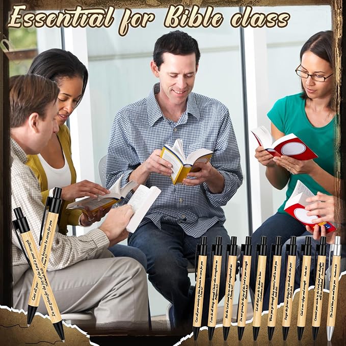 Cholemy 100 Pcs Christian Bible Verse Ink Pens Bamboo Christian Pens Bulk Wooden Inspirational Ballpoint Religious Gifts for Women Colleague Pastor Wife Church(Black)