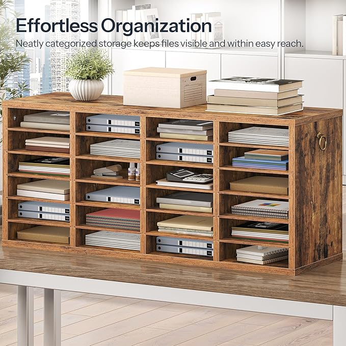 HOOBRO Literature Organizers, 24 Compartments Office Mailbox with Adjustable Shelves, Wood Countertop Literature Sorter for Office, Home, Classroom, Mailrooms Organization Rustic Brown FG64WF01