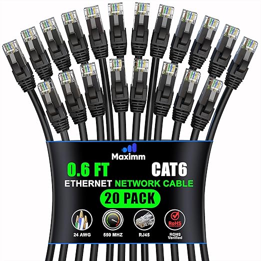 Maximm Cat 6 Ethernet Cable 0.6 ft (20-Pack) - High-Speed LAN Cable, Internet Cable, Patch Cable, and Network Cable - UTP, 10Gbps, 550MHz Ethernet Cord - Black