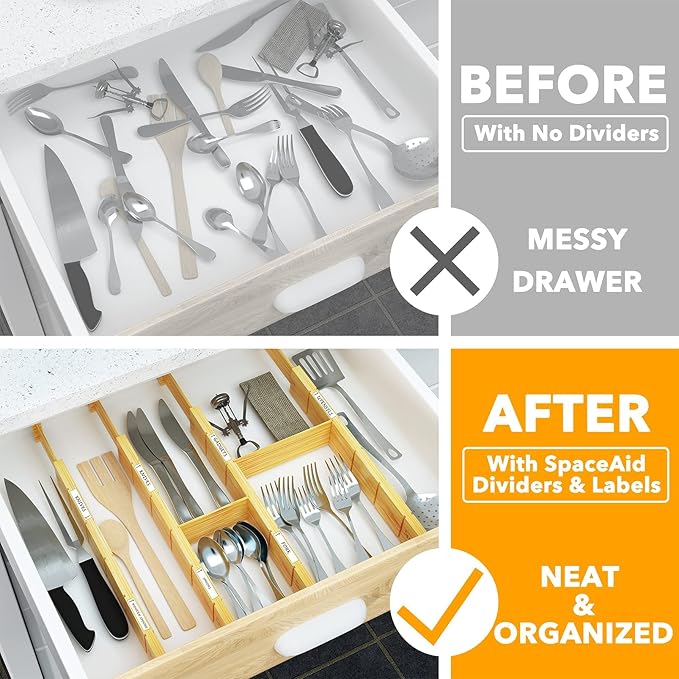 SpaceAid Bamboo Drawer Dividers with Inserts and Labels, Kitchen Adjustable Drawer Organizers, Expandable Organization for Home, Office, Dressers and Bathroom, 6 Dividers with 12 Inserts (13.25-17 in)