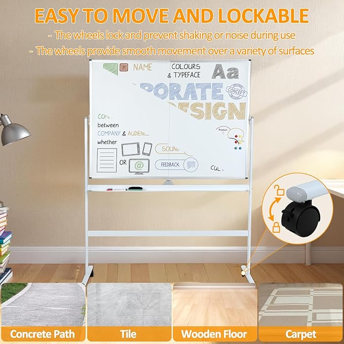 47 x 35 in Double Sided Rolling Whiteboard, Mobile Whiteboard Magnetic White Board - Large Reversible Dry Erase Board Easel Standing Board on Wheels with Stand