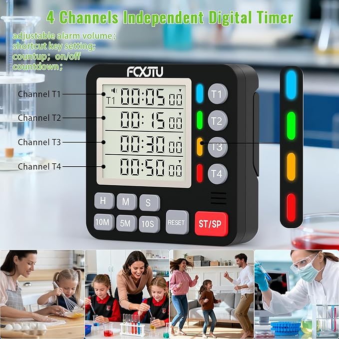 FCXJTU Digital Dual Kitchen Timer, 4-Channel Magnetic Countdown Timer for Cooking, On/Off, Large Display Multi Food Loud Alarm Silent for Classroom Seniors Battery Included (Black)