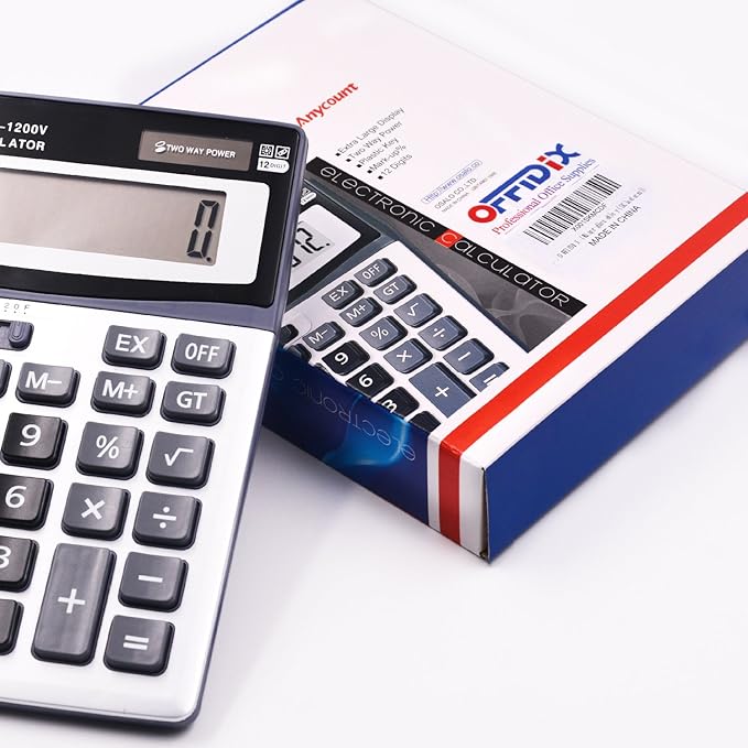 OFFIDIX Large Key Dual Power Electronic Calculator, Portable 12 Digit Large LCD Display Desk Calculator for Daily and Basic Office
