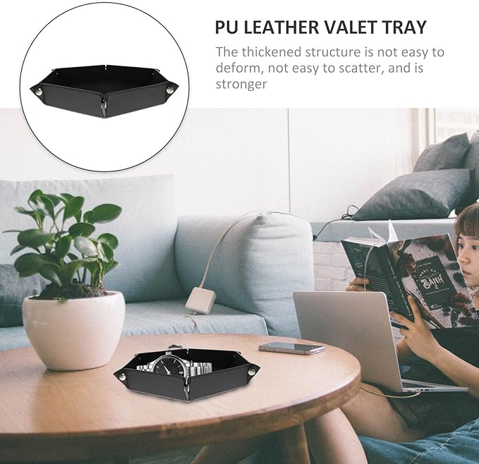Uonlytech PU Leather Hexagonal Folding Tray Desk Organizer Catchall Storage Plate for Jewelry Watch Keys, Black Desktop Valet Tray for Home Office Use