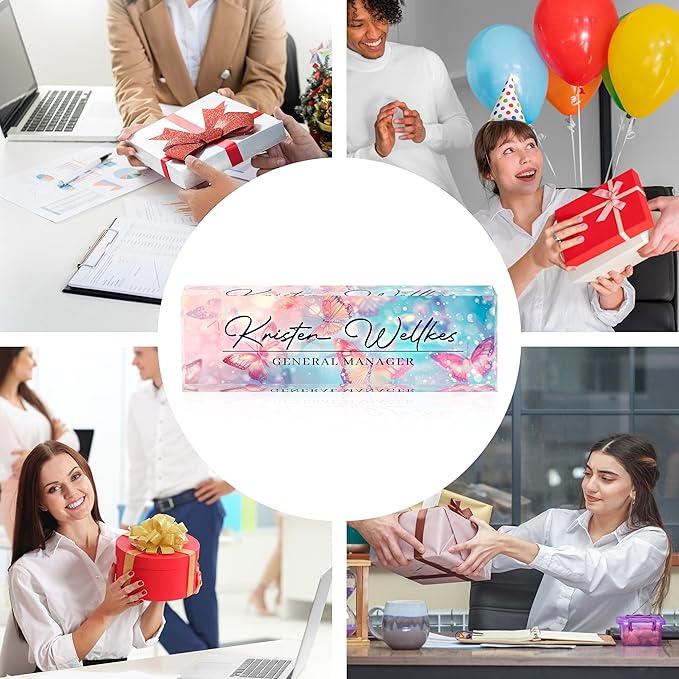 Personalized Name Plate for Desk Custom Acrylic Desk Name Plate Custom Employee Appreciation Gifts Office Gifts for Women, Men, Boss, Coworkers, Teacher, Nurse (Pink-Blue Butterfly)