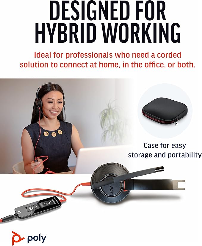 Poly - Blackwire 5220 USB-A Headset (Plantronics) - Wired, Dual Ear (Stereo) Computer Headset with Boom Mic - USB-A, 3.5 mm to connect to your PC, Mac, Tablet and/or Cell Phone