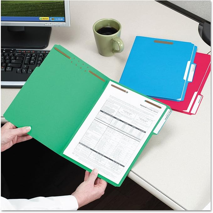 Smead Fastener File Folders, Reinforced 1/3-Cut Tabs, 2 Fasteners, Letter Size, Assorted Coolors, 50 per Box (11975)