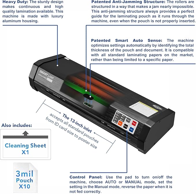 SINCHI Auto Sense 13" Heavy-Duty Laminator for Business & School, 3–10 Mil, 50s Warm-Up, 17s/Sheet, Works with Cardstock & Dark Prints, Never-Jam, Laminates 11x17, Includes 10 Sheets