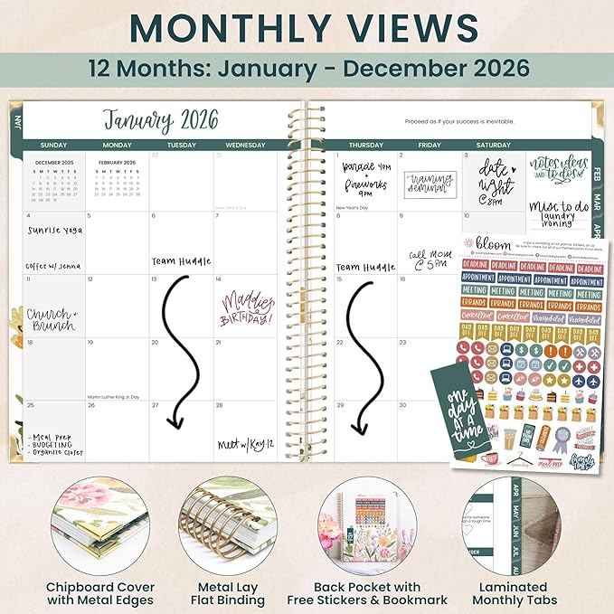 bloom daily planners HARDCOVER 2026 Planner (January to December) - 8.5” x 11” Weekly & Monthly Dated Agenda Organizer Book with Stickers & Tabs - Beige Bouquet