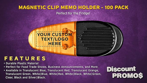 100 Magnetic Memo Holders Set - Customizable Text, Logo - Large Clip, Plastic - TOrange