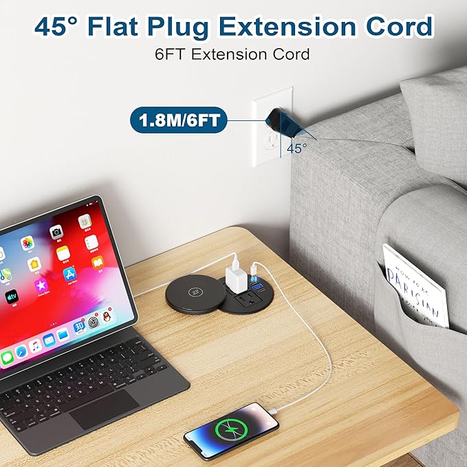 3 Inch Desk Power Grommet with 10W Wireless Charger, 20W USB C Fast Charging Station,2 AC TR Outlets, Round Flush-Mount Recessed Power Strip for Conference Rooms, Office Tables, Furniture, 6FT Cord