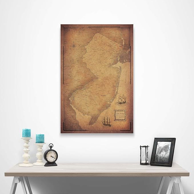 Conquest Maps Push Pin New Jersey Map Board - With Push Pins to Mark New Jersey Travels - Handmade in Ohio, USA - Design: Golden Aged