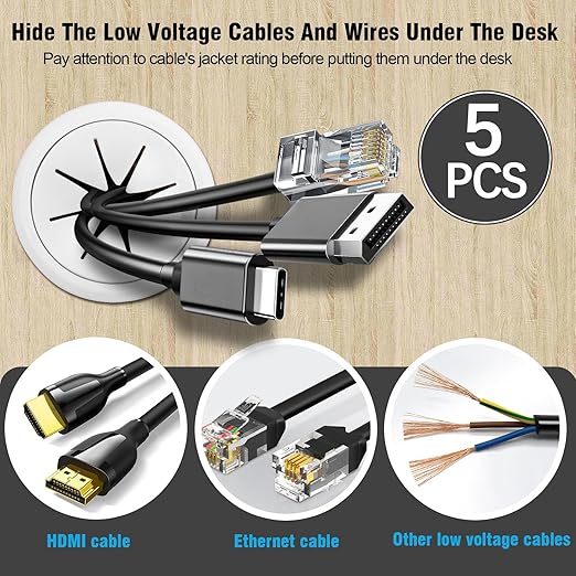 2" White Desk Grommet, JTemgle Flexible Cable Grommet Plastic Cable Hole Cover Wire Organizer Caps Desktop Cord Management for Home Office TV Stands Tabletops, 5 Pieces