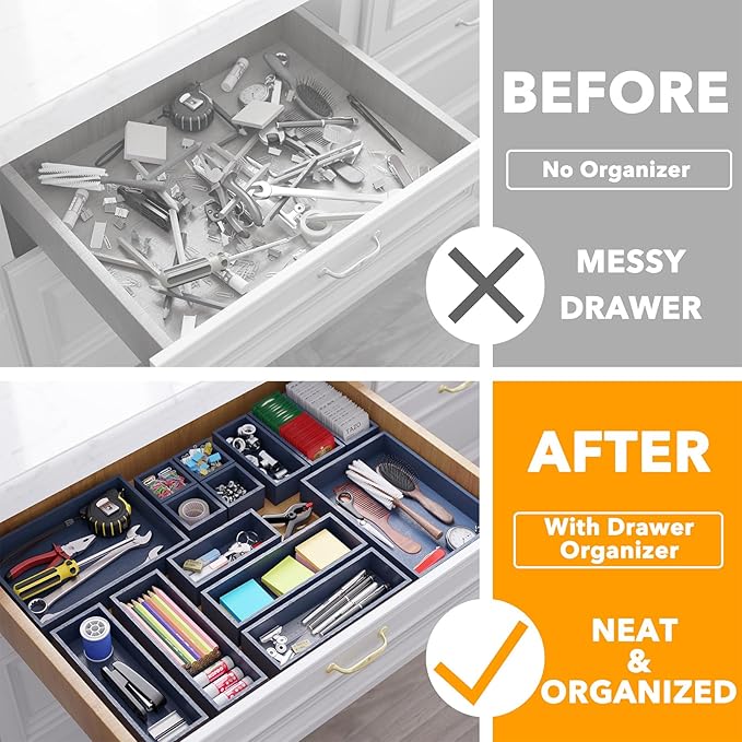 SpaceAid 14-Piece Bamboo Drawer Organizer Storage Boxes Set, Wood Tray Junk Drawer Organizers Multi-Use Divider Bins for Kitchen, Bathroom, Office Desk and Makeup Organization (14 Pack, Navy Blue)