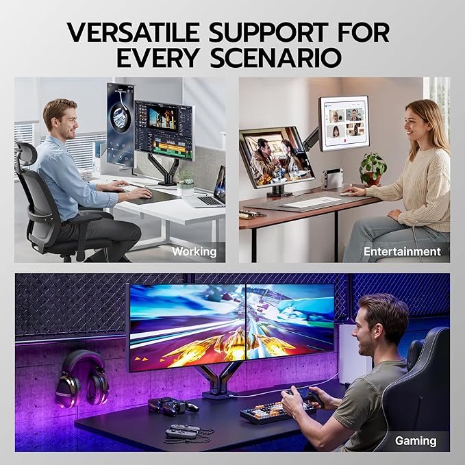 ARES WING Dual Monitor Mount, Heavy Duty Monitor Arms for 2 Monitors for 17-35 Inch, Fully Adjustable Monitor Desk Stand with USB A/C for Ultrawide Screen, VESA 75x75 or 100x100mm, Black