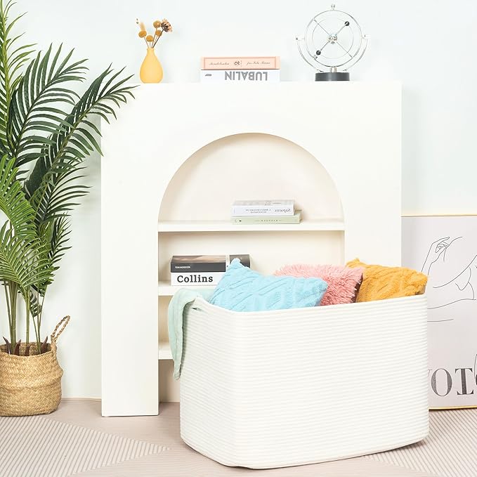 MINTWOOD Design 112L Extra Large Blanket Basket Holder Living Room, 25"x17"x16" Rectangle Rope Woven Storage Basket with Handles for Laundry, Towels, Shoes, Dog Toy Organizer Bin Box, Creamy White