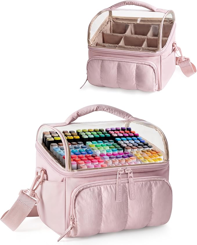 Quilted Marker Organizer Case Holds 180 Markers, Marker Storage Organizer Bag with Dividers and Multiple Pockets (Bag Only), Pink