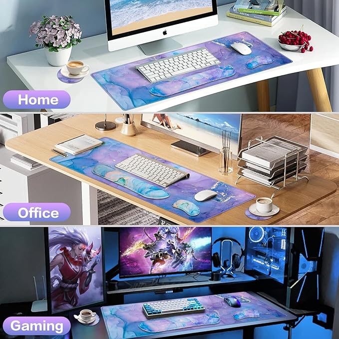 4-in-1 Mouse Pad with Wrist Rest Set Purple,35.4×15.7in Large Gaming Mouse Pad+Keyboard Wrist Rest+Wrist Mousepad+Cup Pad,Ergonomic Mouse Pads,Anti-Slip,Waterproof Keyboard Pad for Home Office
