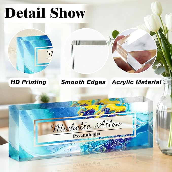 Ship Next Day-Custom Name Plate for Desk, Desk Name Plate Personalized, Acrylic Office Desk Accessories, Appreciation Gifts for Coworkers Employee Teachers Boss Women Men (Blue Sea)