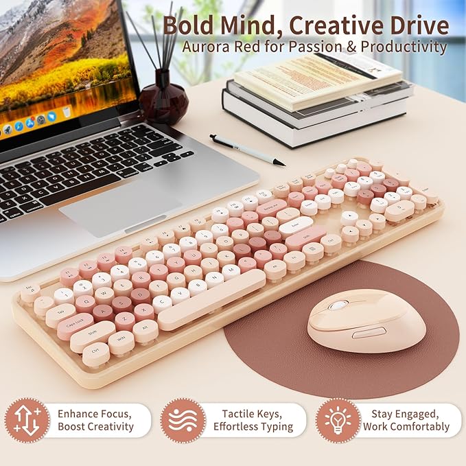 HotFox Wireless Keyboard and Mouse Combo, Full-Size Retro Typewriter Keyboard with Round Keycaps, Ergonomic Design for Windows PC, Home and Office Use -Brown
