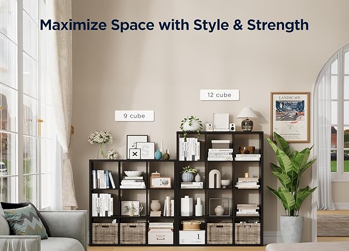 12-Cube Storage Organizer, Wooden Cube Shelf Bookcase with Reinforced Thick Shelves, Heavy-Duty 36.93" L x 9.37" W x 48.82" H, for Living Room Bedroom Home Office, Black