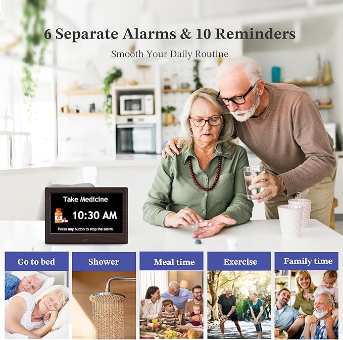 7'' Dementia Clock For Seniors, Large Display Digital Clock With Date, Time, Day Of Week for Elderly, Alzheimer, 1024*600P HD, 10 Reminders & 6 Alarms, Auto Dimming & DST, Remote Control, Brown