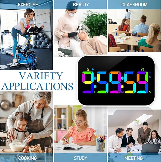 Kitchen LED Digital Timer Rechargeable, RGB Count Down Up Digital Timer with Vioce Reminder for Kitchen Classroom Cooking Study, Vibration Mode 3 Level Adjustable Volume and Brightness