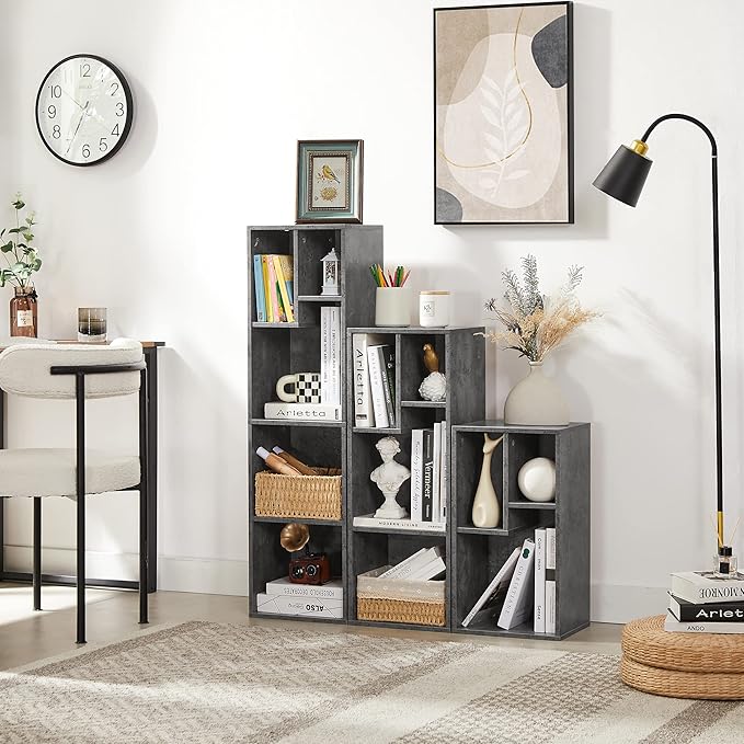 VECELO 3-Tier Small Bookcase, 4 Cube Bookshelf with Height Difference Shelves for Most Books, Modern Floor Standing Unit, Each Shelf Hold Up to 66 LBS for Living Room Bedroom, Grey