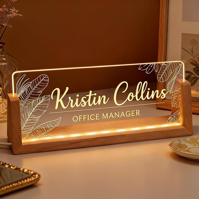 Personalized LED Name Plate for Desk, Light Up Acrylic Office Decor Desk Name Plate with Wooden Base, Custom Name Logo Quote, Appreciation Gifts for Boss Coworkers Employee Women Men (Jungle)