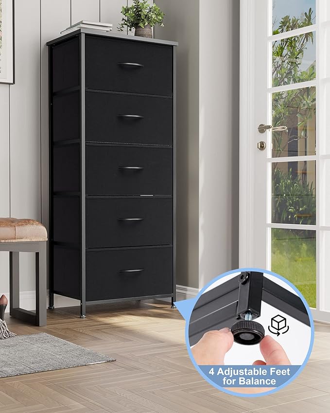 Crestlive Products Vertical Dresser Storage Tower - Sturdy Steel Frame, Wood Top, Easy Pull Fabric Bins - Organizer Unit for Bedroom, Hallway, Entryway, Closets - 5 Drawers(Black)