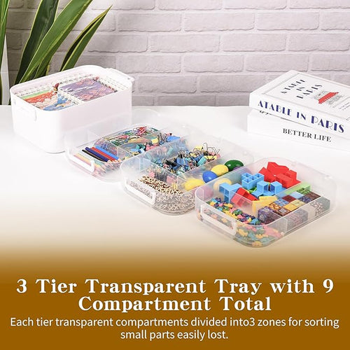 3-Tier Art Supply Storage Container, Stackable Craft Organizer Box with Dividers, Clear Plastic Storage Case for Markers, Toys, Coloring Books (Four-Layer)