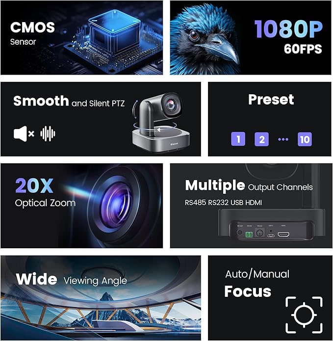 iuZee PTZ Camera with 20X Optical Zoom HDMI/USB3.0 Wide View Angle 1080P for Video Conference Meeting Church Live Streaming Education Works with Zoom Webex OBS YouTube Red Dot Design Winner