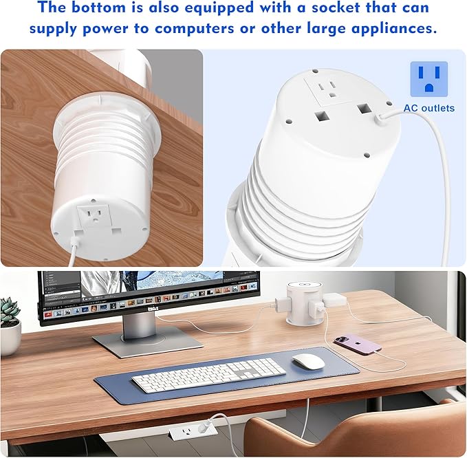 Pop Up Outlet for Countertop with 15w Wireless Charger, 4.7-Inch Pop Up Outlet with 4 Outlets and 2 USB-A, 1 USB-C, Pop Up Power Outlet for Kitchen Countertop, Conference Room, Study Room (White)