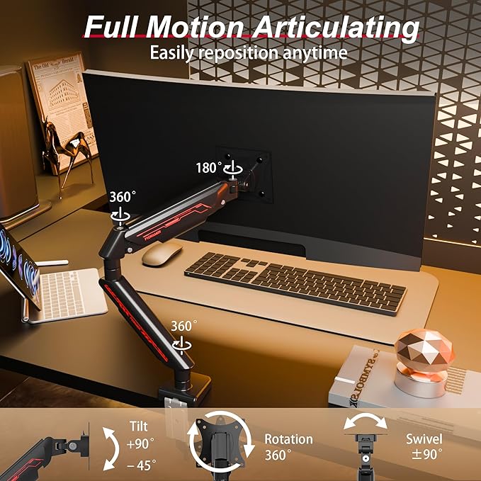 Monitor Arm for 17-35" Screens up to 24.2 lbs, Ergonomic Gas Spring Monitor Stand with Height Adjust, Tilt, Swivel & Cable Management, VESA Desk Mount with 2 Types of Installation, Black