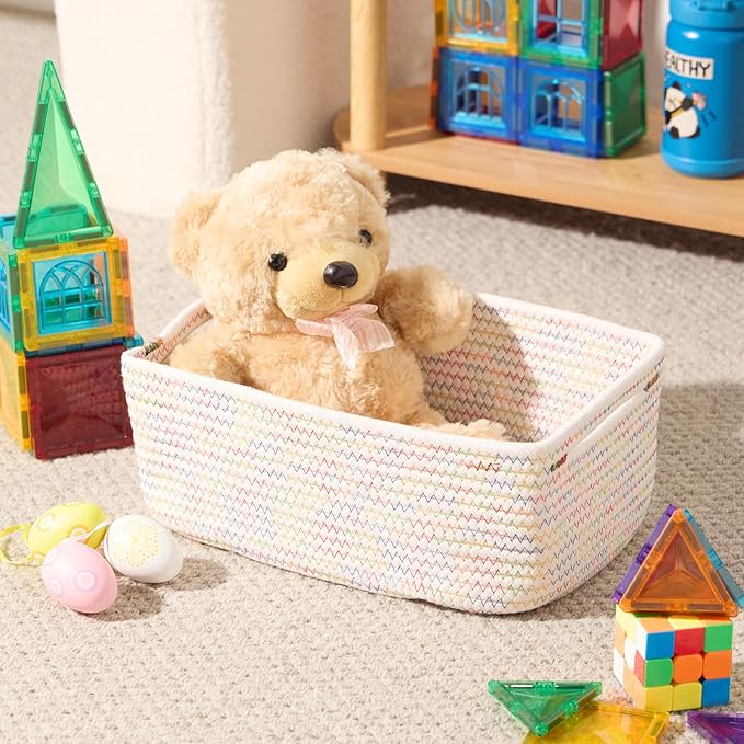 Small Storage Baskets for Organizing | Closet Organizer Bins | Shelf Toy Basket | Woven Rope Baskets | Cube Decorative Box | Shallow Basket | 13x8.5x5.1” | 3 Packs Rainbow
