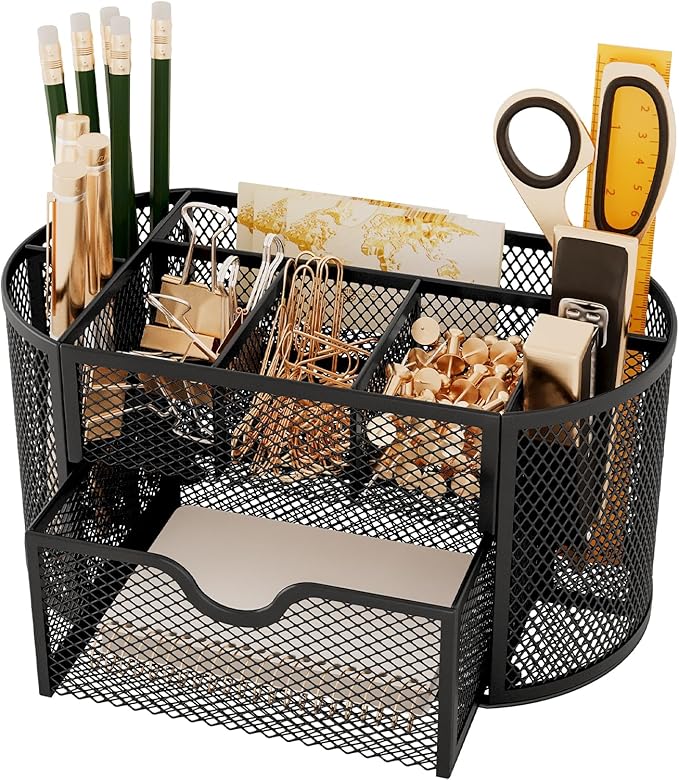 Mesh Pen Holder for Desk 9 Compartment Desk Organizer for Pens Pencils Sticky Notes Clips Office Accessories