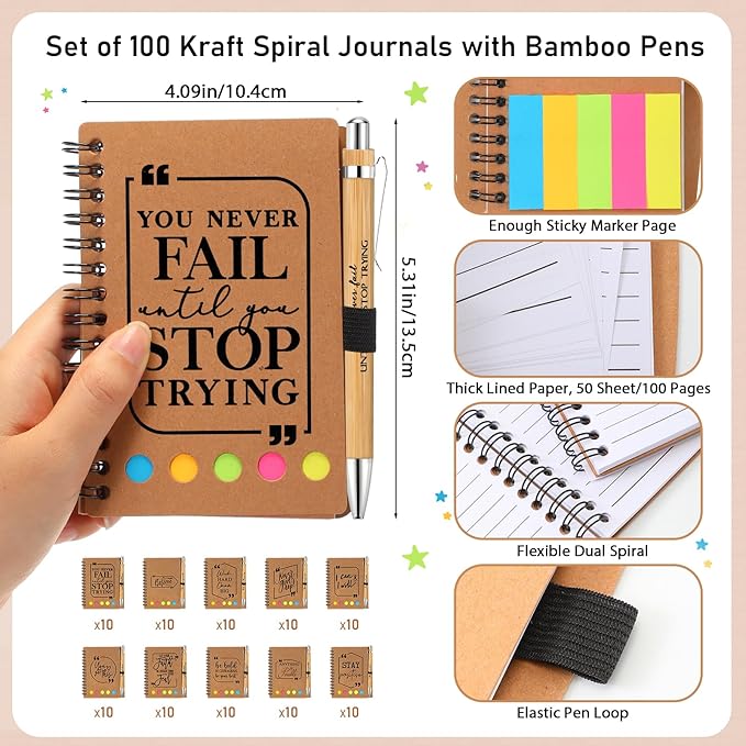 Tenceur Employee Appreciation Gifts Bulk - Inspirational Notebook with Sticky Note Motivational Pen Thank You Valentines Day Gift for Coworkers, Office Staff, Team, Nurse, Teacher(100 Sets)