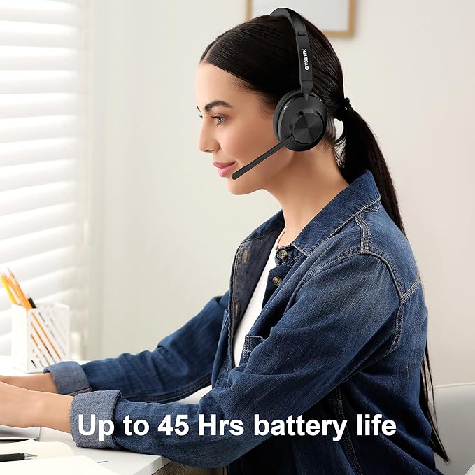Voistek Bluetooth Headset with Microphone, Wireless Headset with Noise Cancelling Mic, USB A/C Dongle, Mic Mute Button, 45+ Hours Battery for Work, Office, Calls, Windows, MacOS, Android, iOS